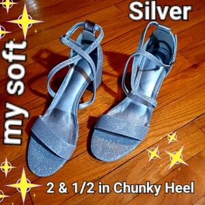 Silver Strappy Chunky Heel Sandals